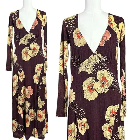 Free People Calla Midi Maxi Dress in Plum Combo Size XL Edgy Floral 90s Bohemian - Picture 9 of 15